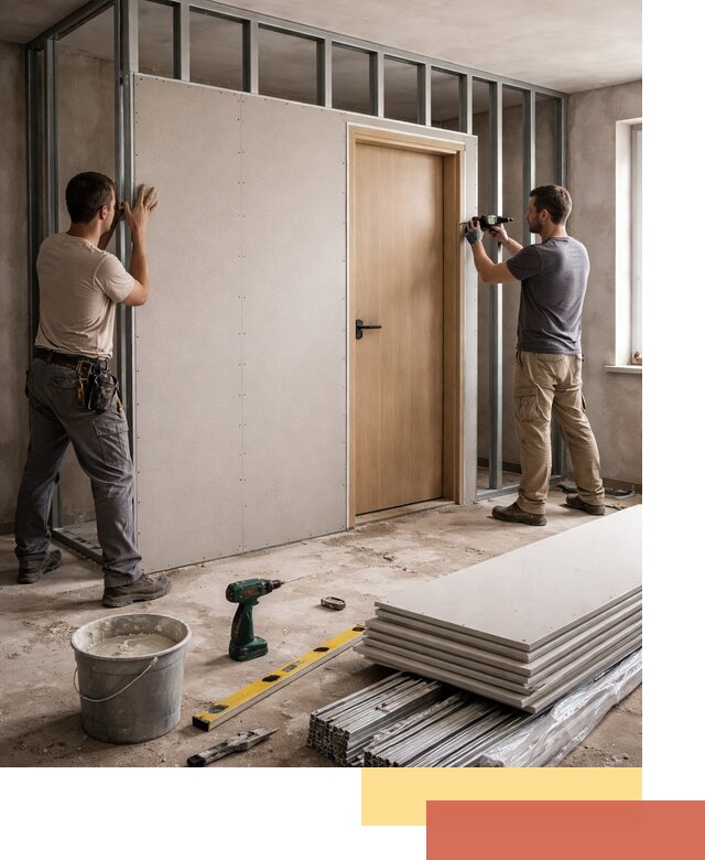 Перегородка из гипсокартона с дверью под ключ в Воскресенске