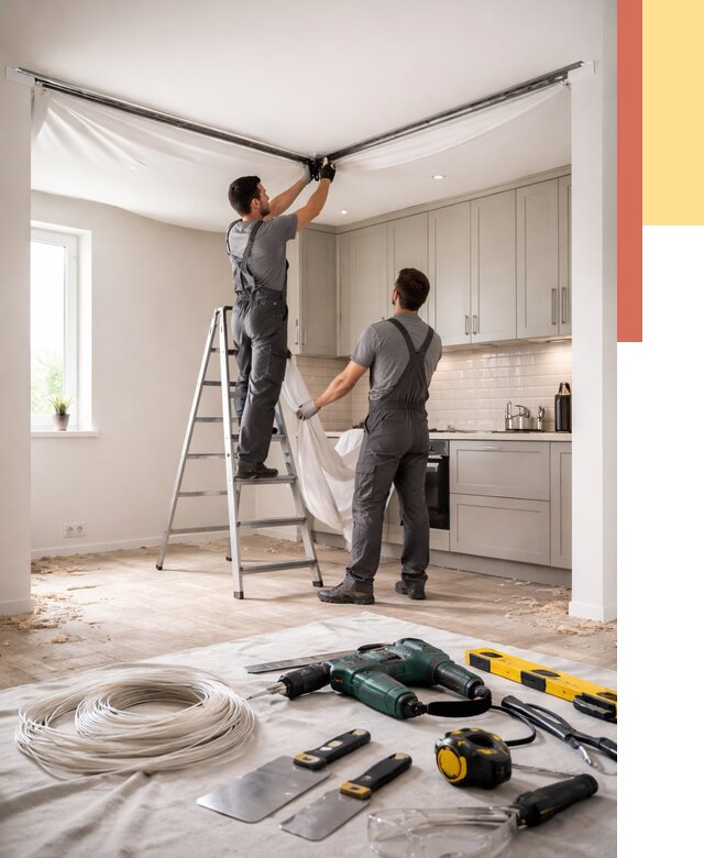 Установка натяжного потолка на кухне в Воскресенске от 2481 руб. | ОТДЕЛОЧНИК-Вск