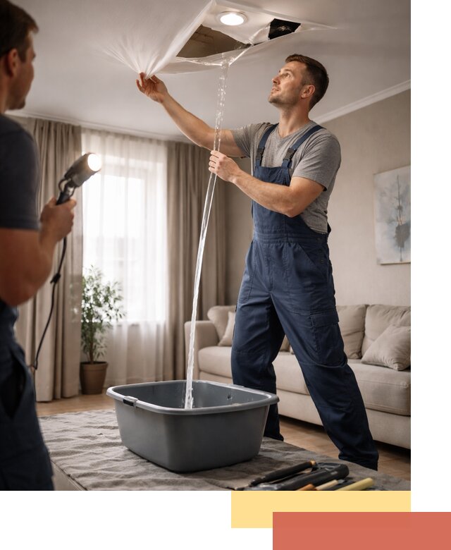 Слив воды с натяжного потолка в Воскресенске быстро и аккуратно